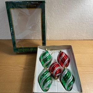 Vintage Commodore Christmas Classics Ornaments Green Red Silver Glitter Spiral